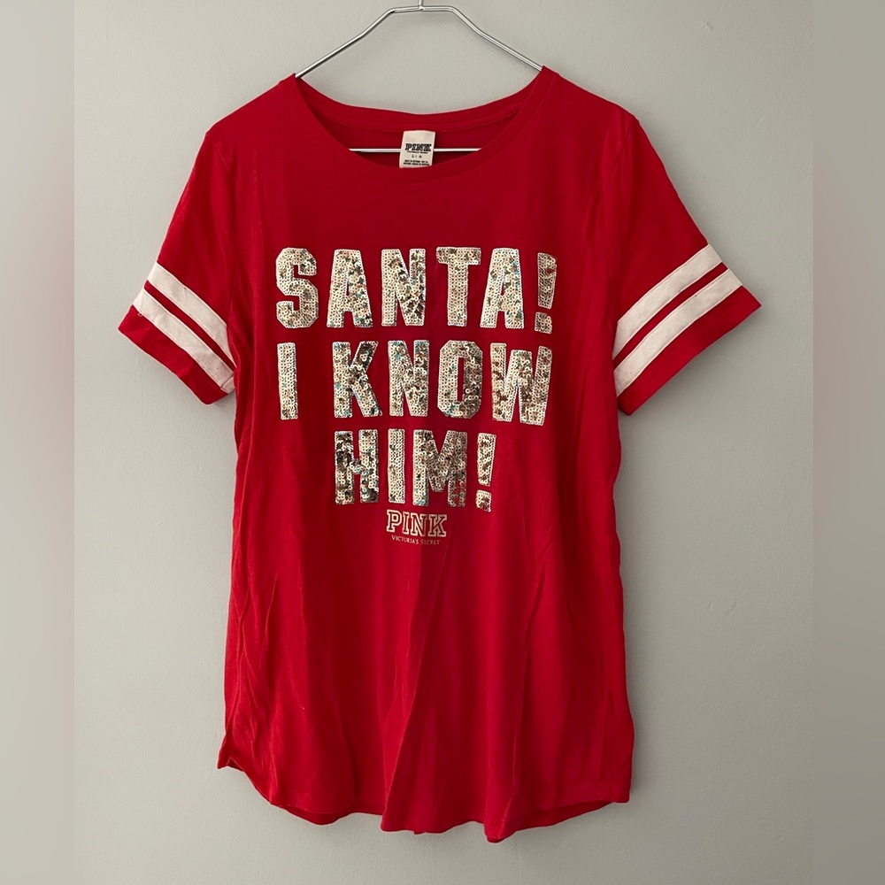 Pink Victoria’s Secret Santa I Know Him Elf Sequin Tee Shirt Size L